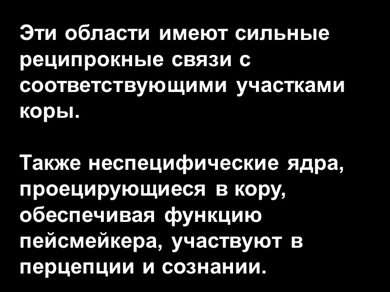 Эти области имеют сильные реципрокные связи с соответствующими участками коры.   Также неспецифические